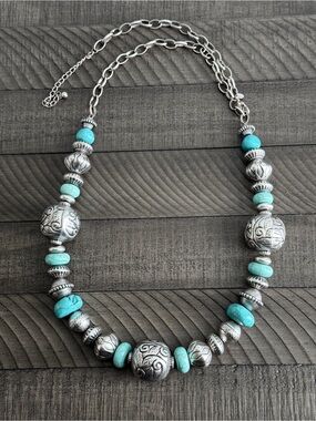 Turquoise Bead and Silver Statement
Necklace - Women Jewelry